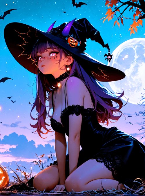 witch, pumpkin, bat, tree, moon, lantern, girl, costume, leaf, sparkle