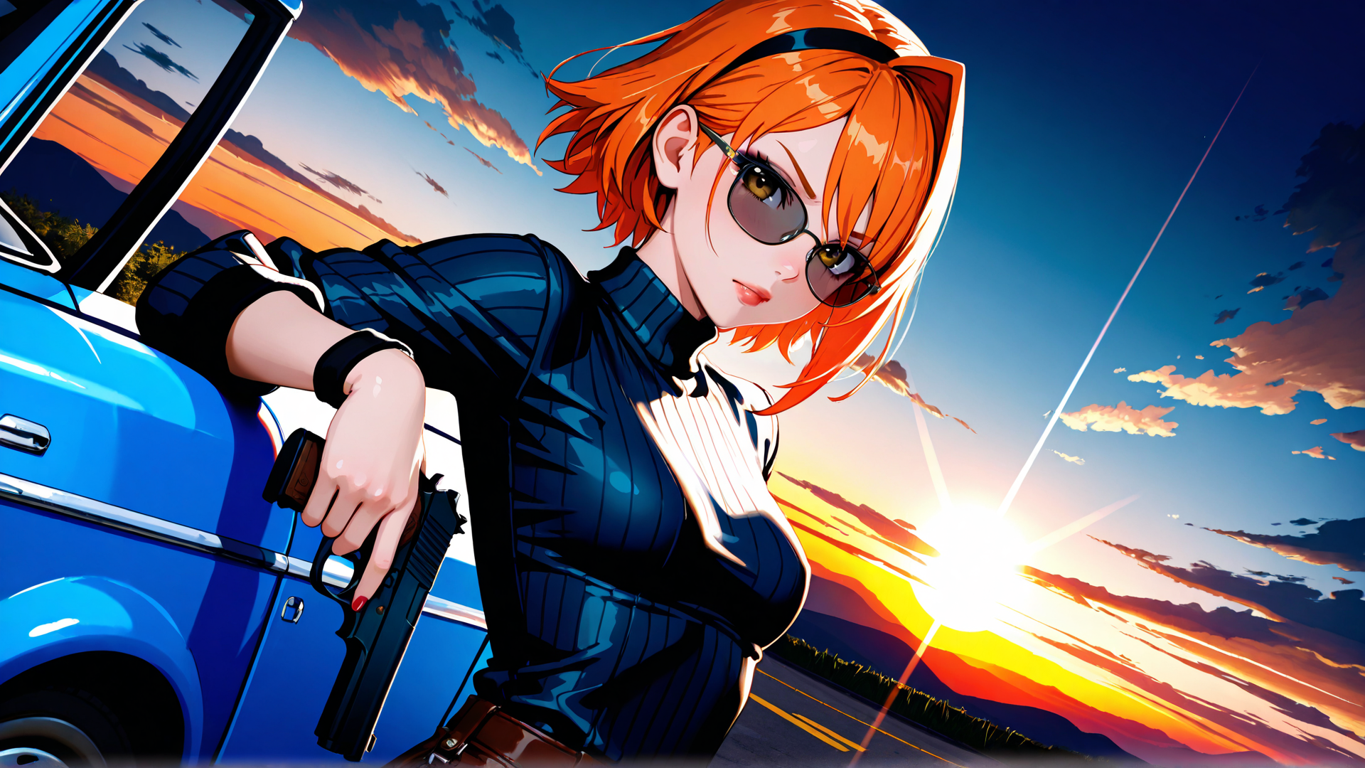 AI generated wallpaper featuring woman, car, gun, sunglasses