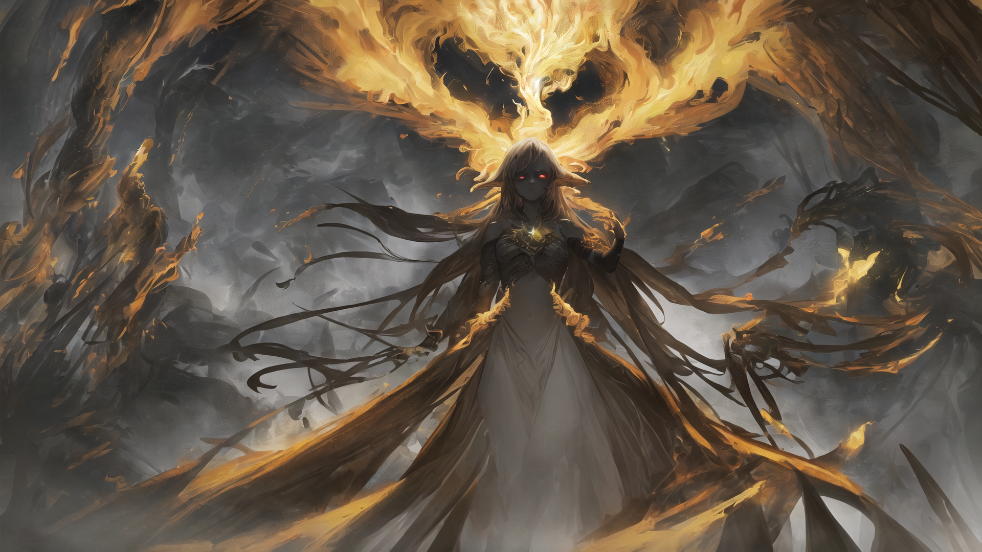 AI generated wallpaper featuring woman, fire, goddess