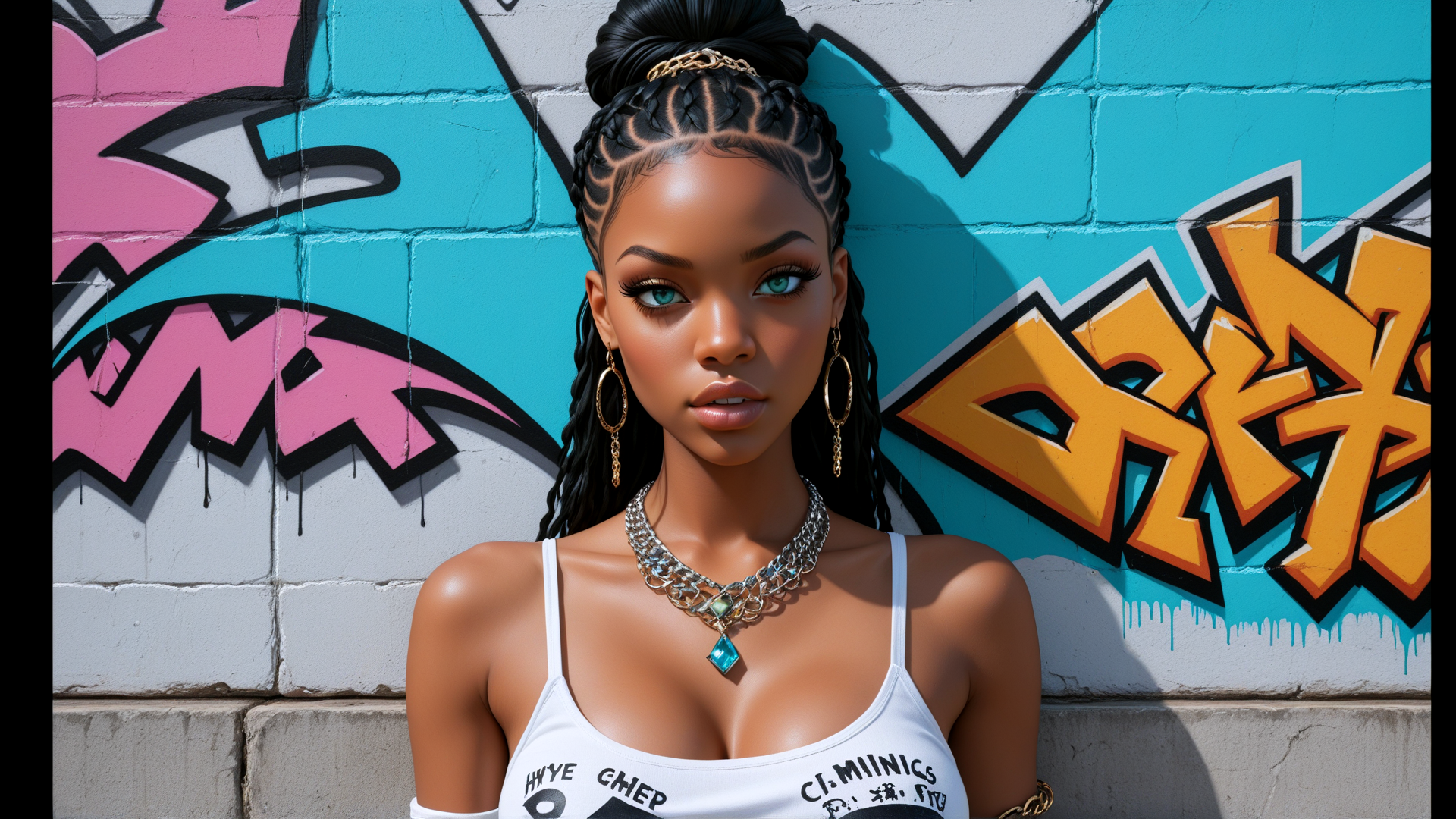 AI generated wallpaper featuring woman, graffiti, wall, braid, earring, necklace, tank top, chain, hair, background