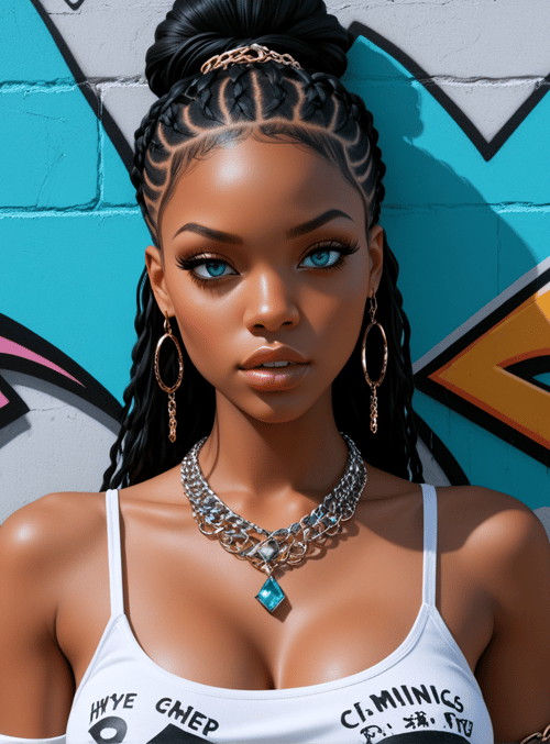 woman, graffiti, wall, braid, earring, necklace, tank top, chain, hair, background