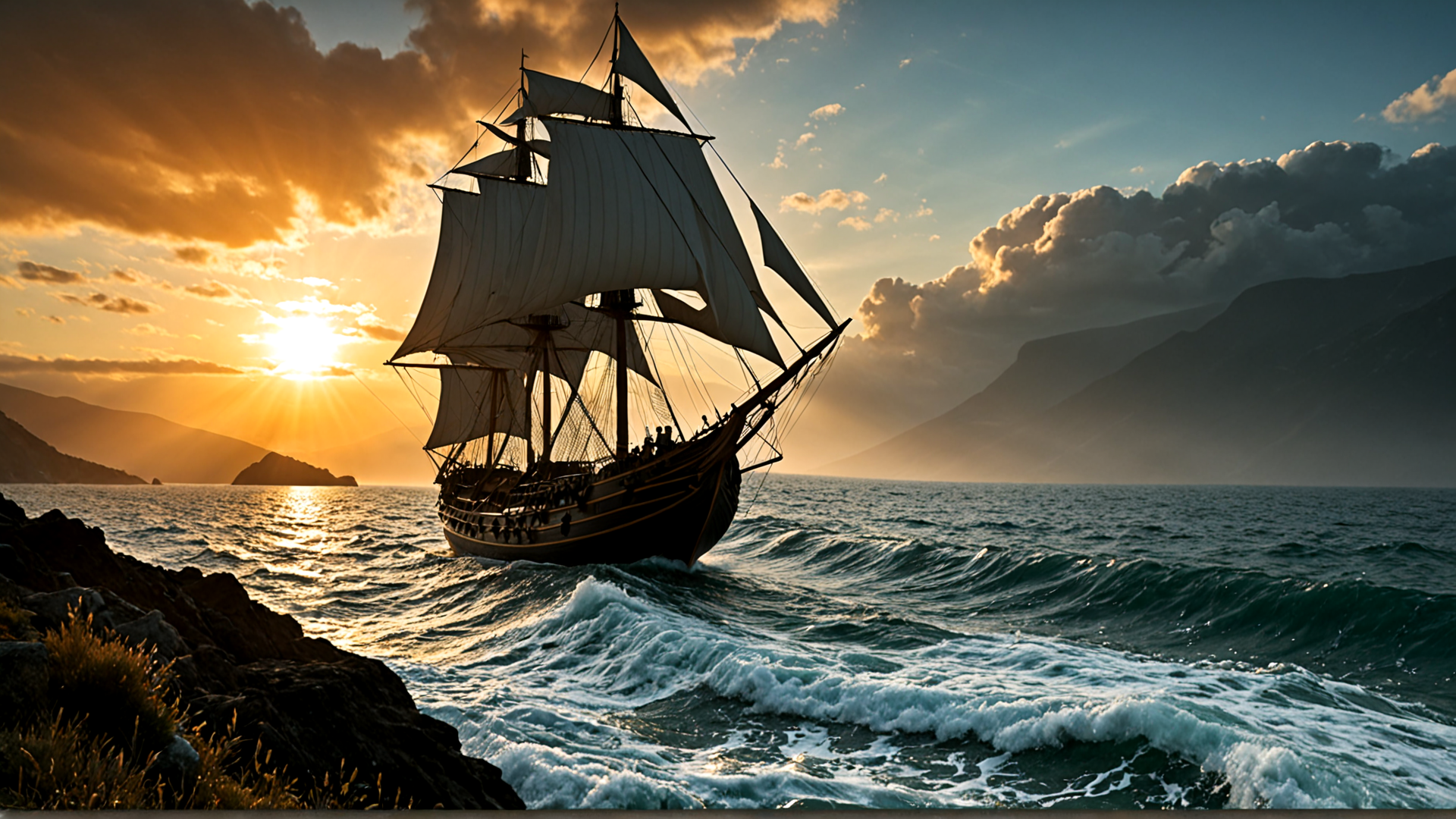 AI generated wallpaper featuring ship, sunset, ocean, mountains, clouds, rocks, sails