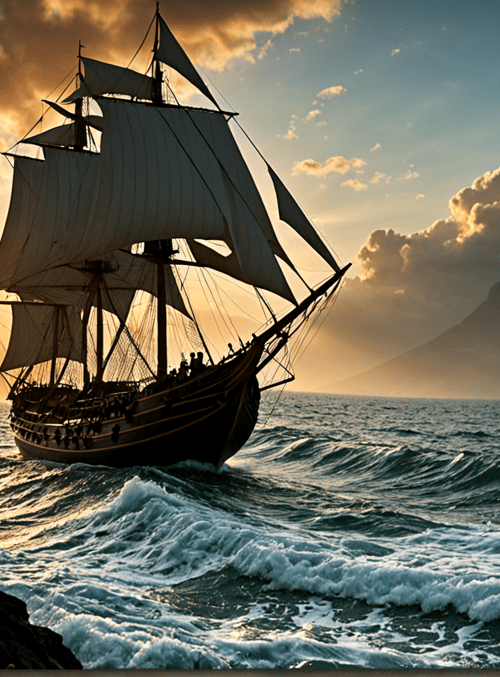 ship, sunset, ocean, mountains, clouds, rocks, sails