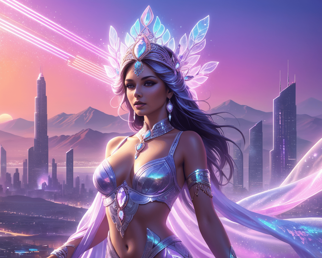 AI generated wallpaper featuring queen, futuristic, city
