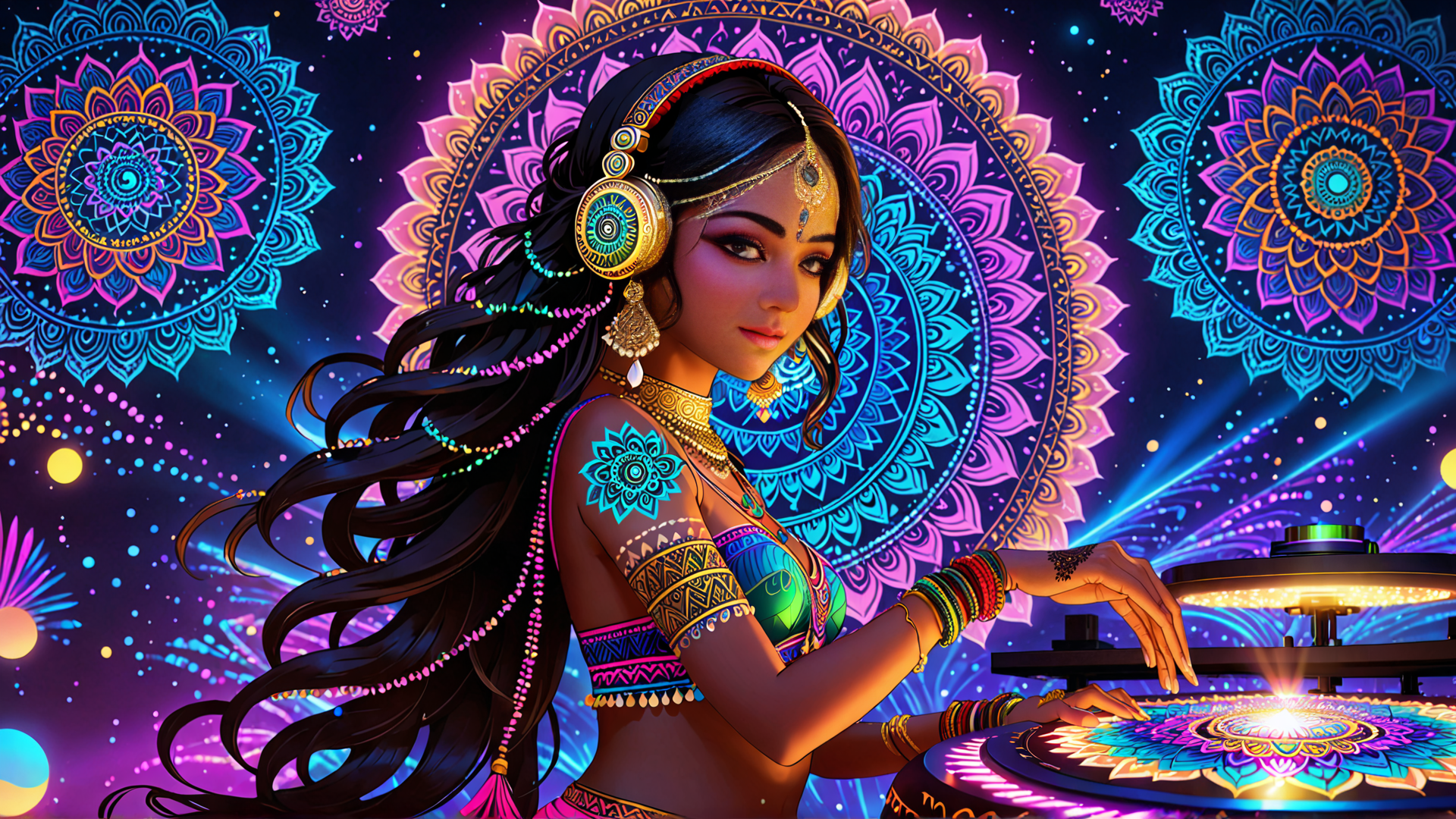 AI generated wallpaper featuring woman, mandala, dj