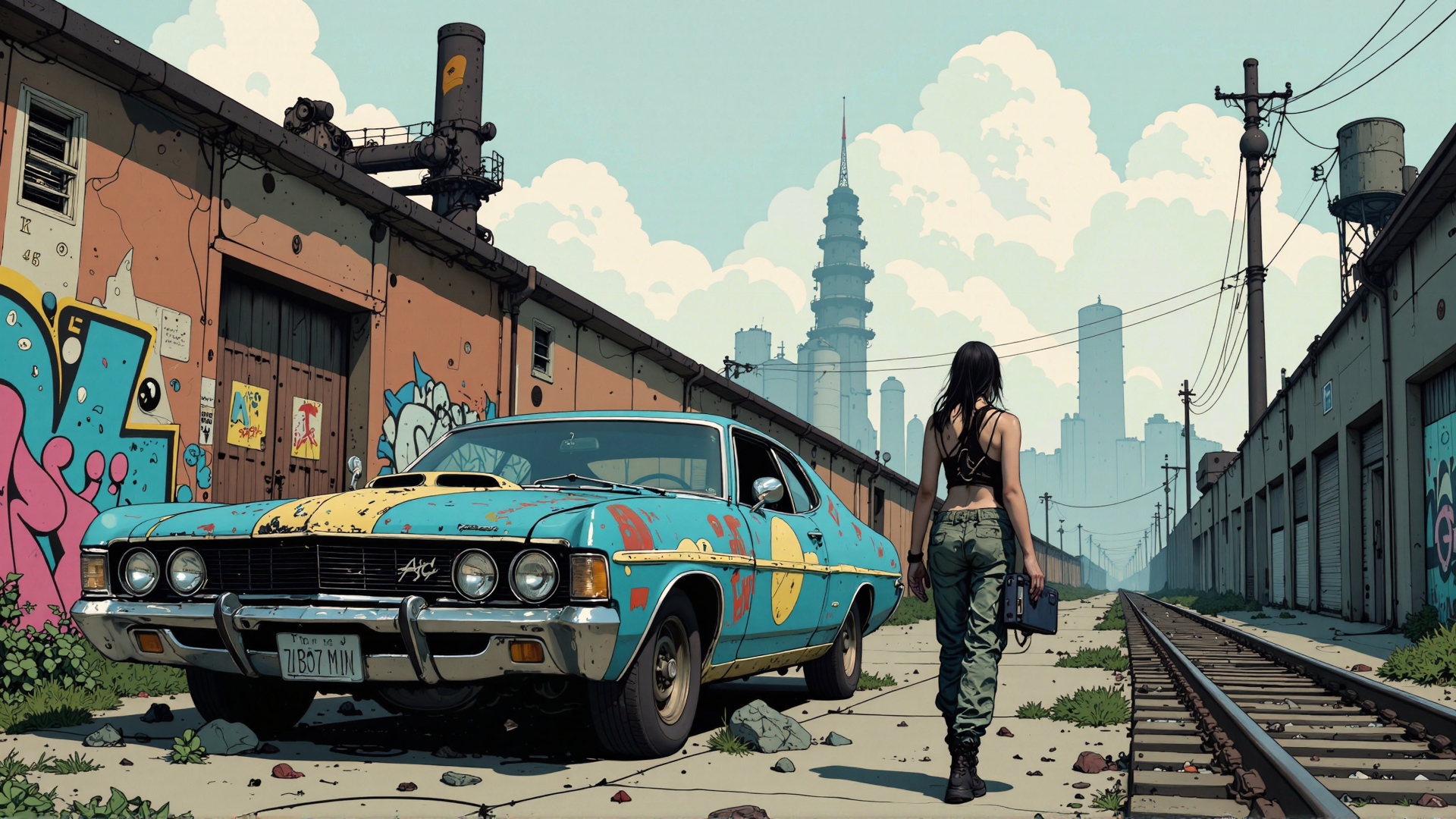 AI generated wallpaper featuring woman, car, graffiti, railroad, factory, cityscape, building, street, rail tracks, water tower