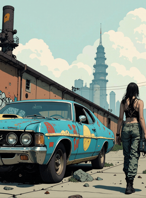 woman, car, graffiti, railroad, factory, cityscape, building, street, rail tracks, water tower