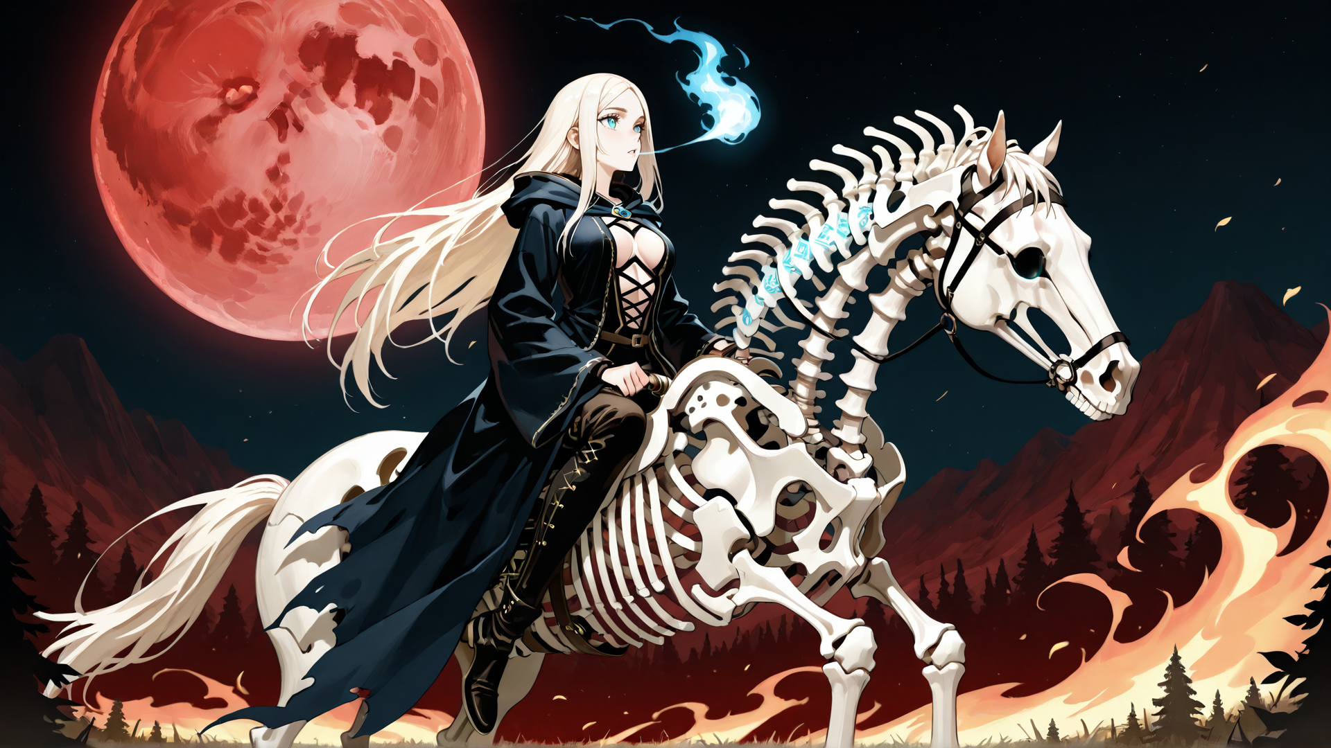 AI generated wallpaper featuring woman, skeleton horse, red moon, fire, trees, magic, cloak, long hair, skeleton, horse