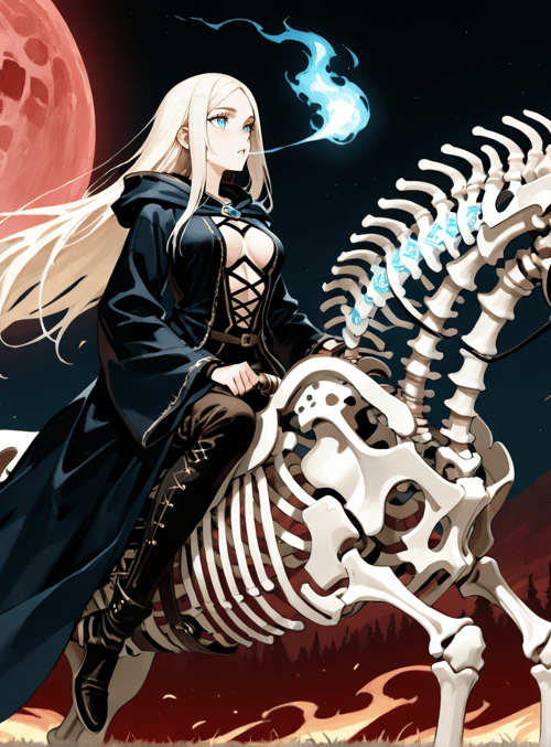 woman, skeleton horse, red moon, fire, trees, magic, cloak, long hair, skeleton, horse