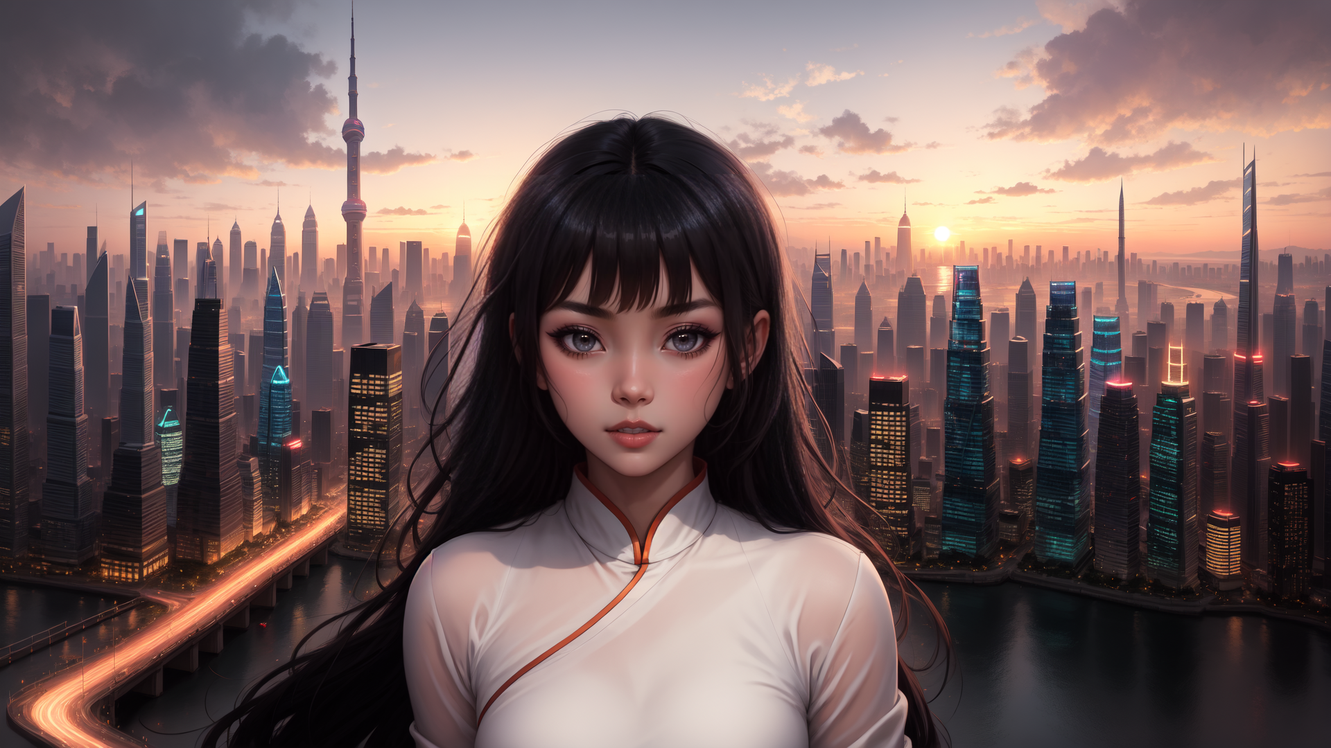 AI generated wallpaper featuring woman, cityscape, skyline