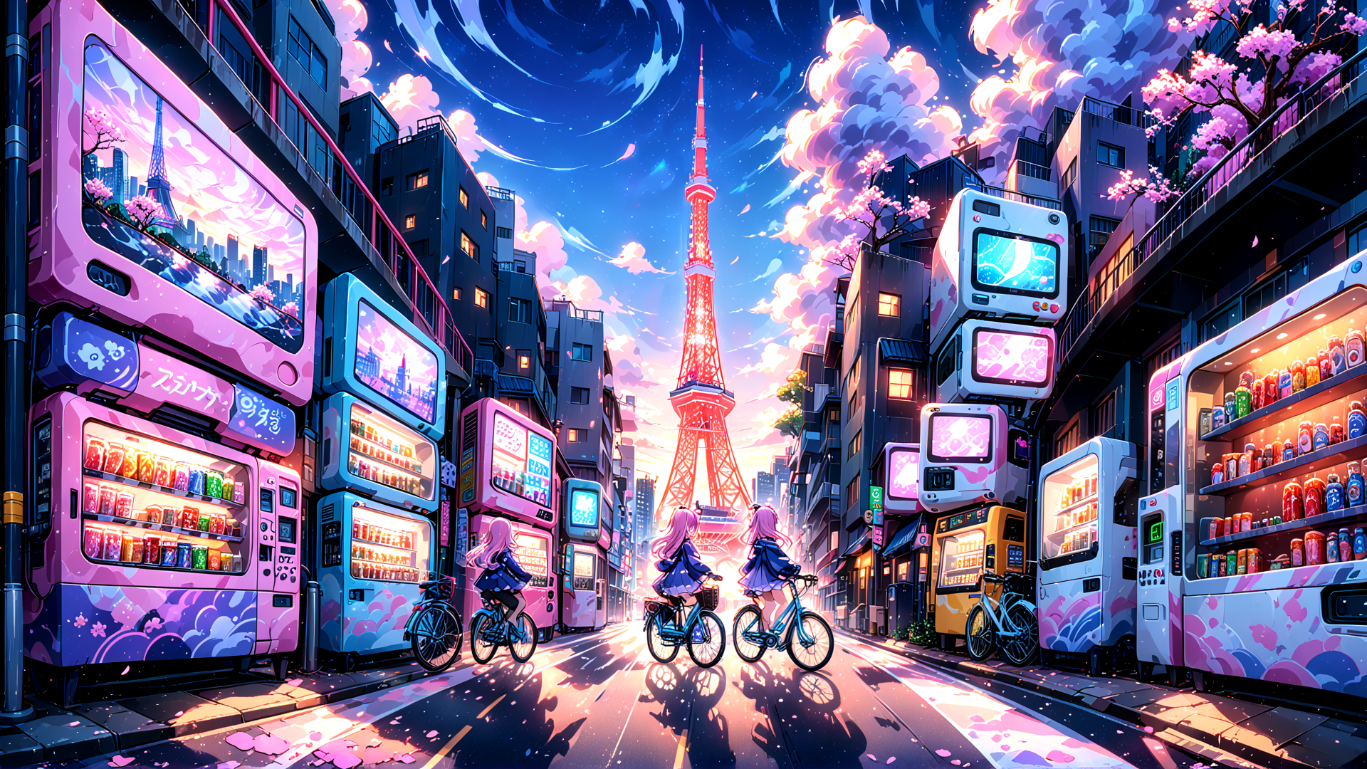 AI generated wallpaper featuring bicycles, girls, towers