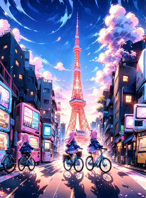 bicycles, girls, towers