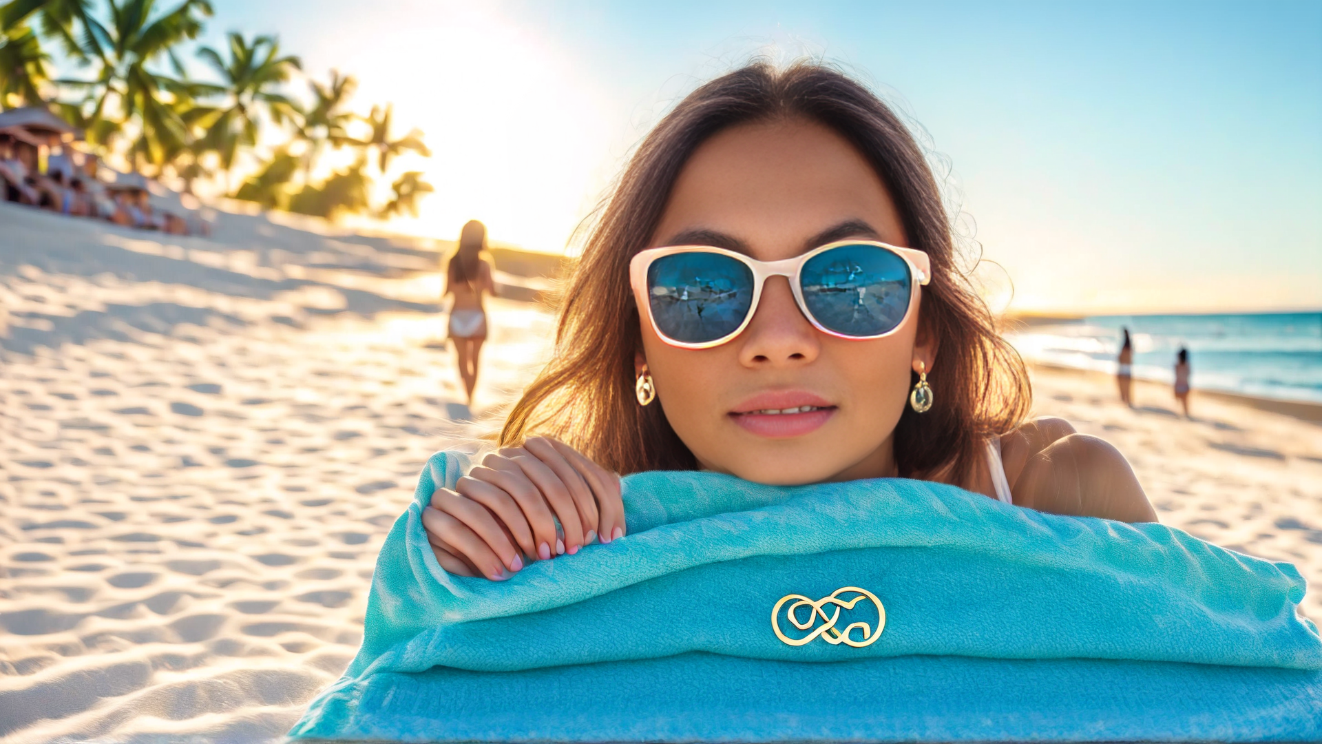AI generated wallpaper featuring woman, beach, towel
