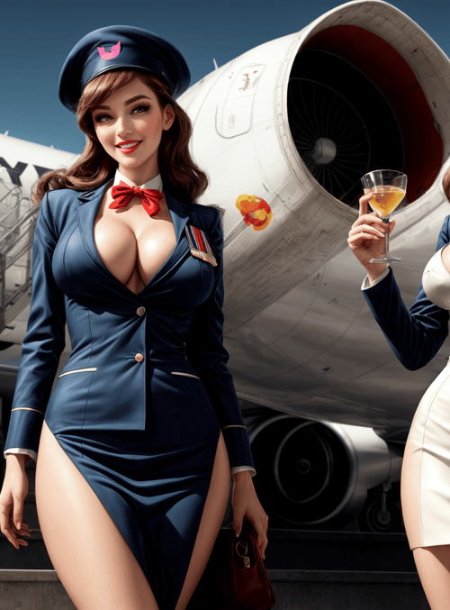 flight attendants, airplane, wine glass, uniform, hat, dress, steps, staircase, sky, hat