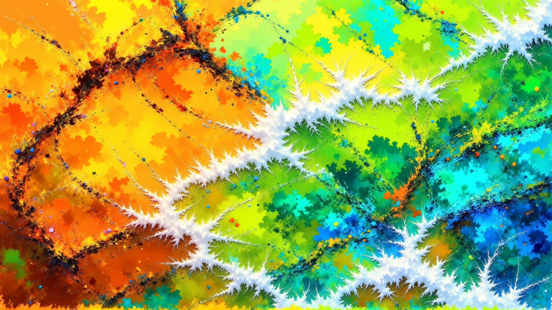 AI generated wallpaper featuring fractal, abstract, paint, branches, splatter, dots, lines, colorful, patterns, artwork