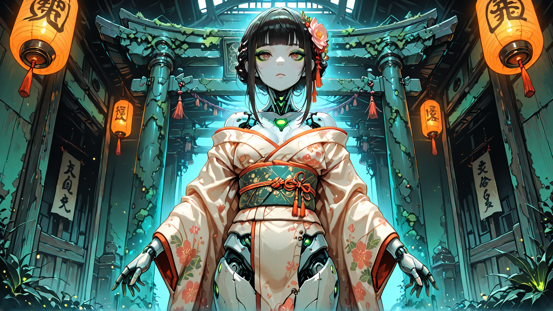 AI generated wallpaper featuring robot, girl, lantern, shinto, kimono, columns, vines, lantern, banner, cherry