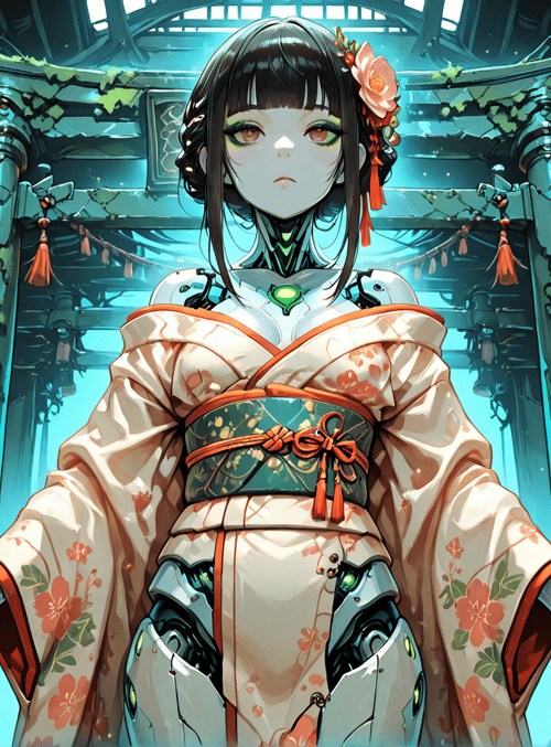 robot, girl, lantern, shinto, kimono, columns, vines, lantern, banner, cherry