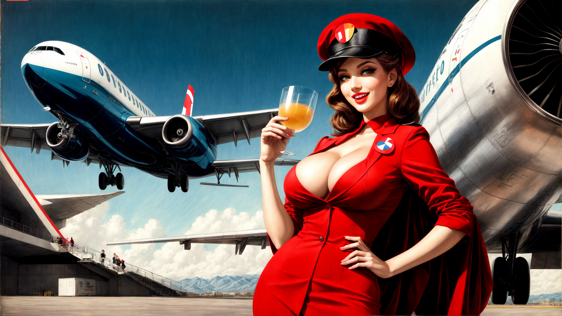 AI generated wallpaper featuring airplane, flight attendant, glass, airport, mountains, clouds