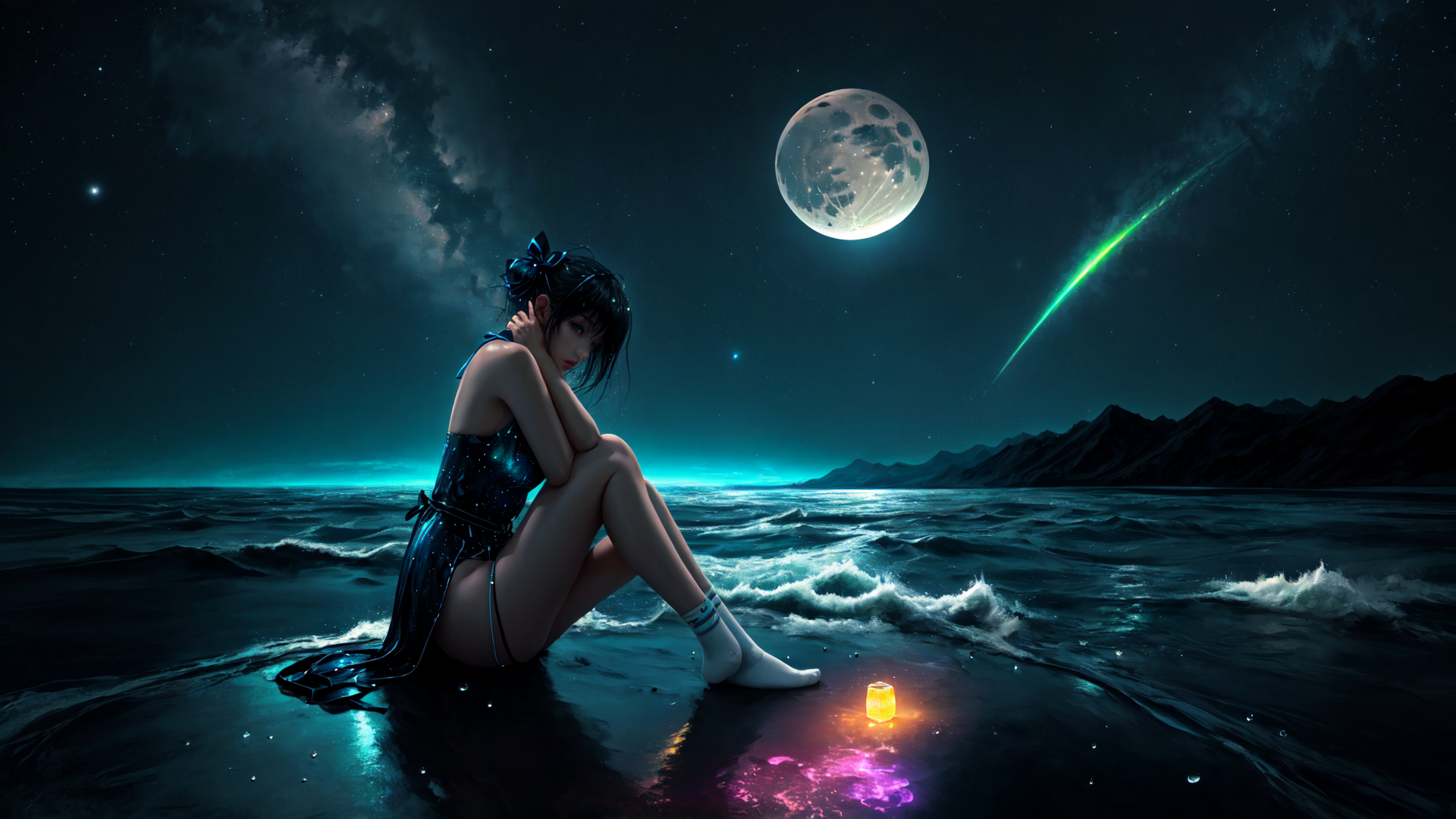 AI generated wallpaper featuring girl, moon, sea, comet, lantern, stars, mountains, socks, dress, hair