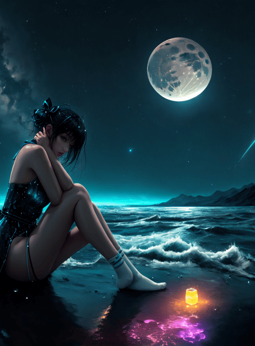 girl, moon, sea, comet, lantern, stars, mountains, socks, dress, hair