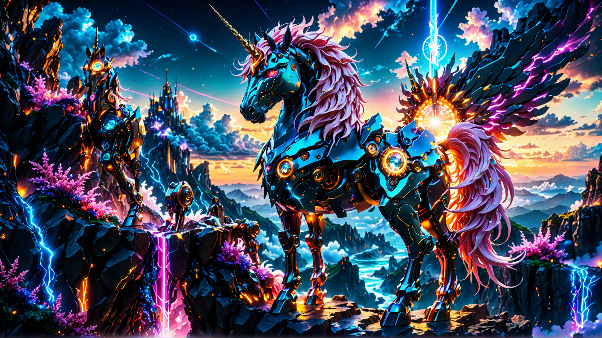 AI generated wallpaper featuring cybernetic unicorn, mechanical horse, flying unicorn