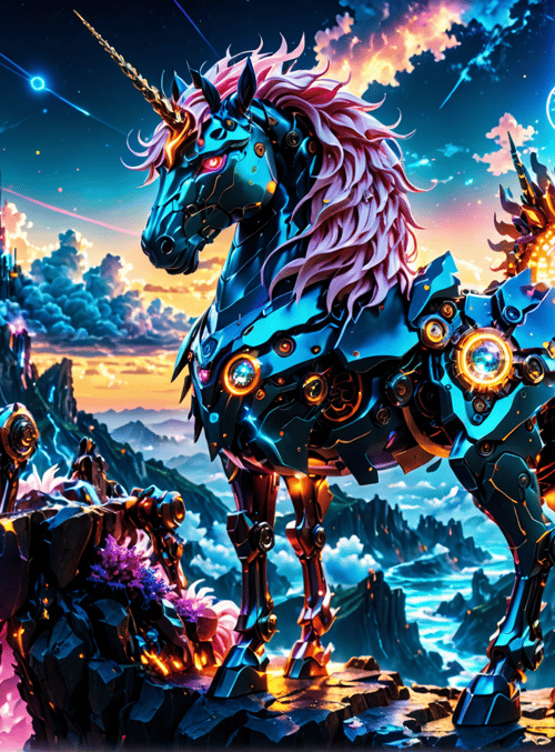 cybernetic unicorn, mechanical horse, flying unicorn