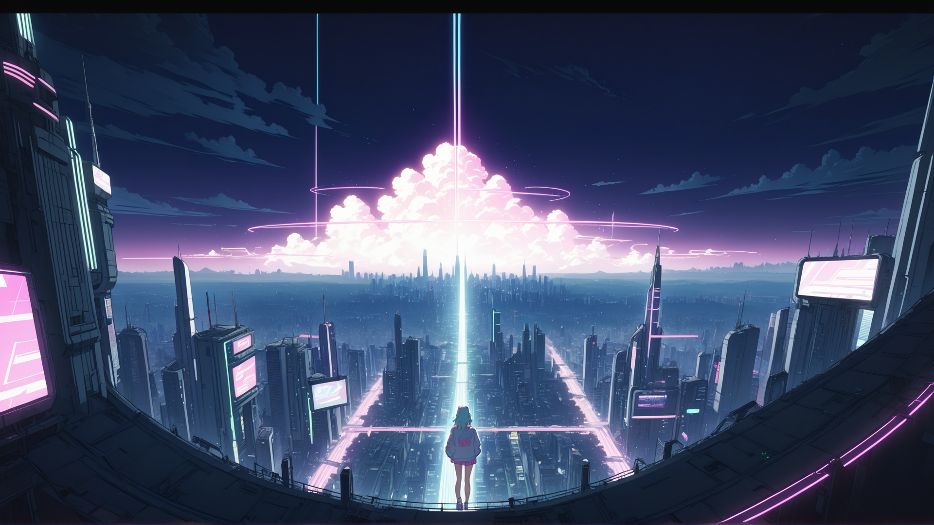 AI generated wallpaper featuring girl, city, cloud