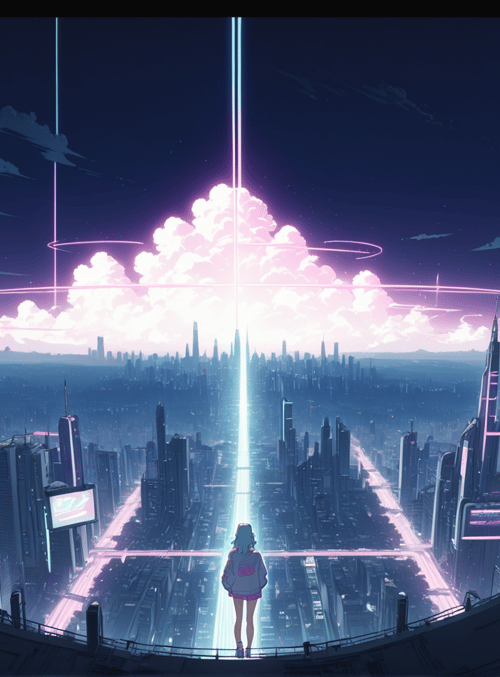 girl, city, cloud