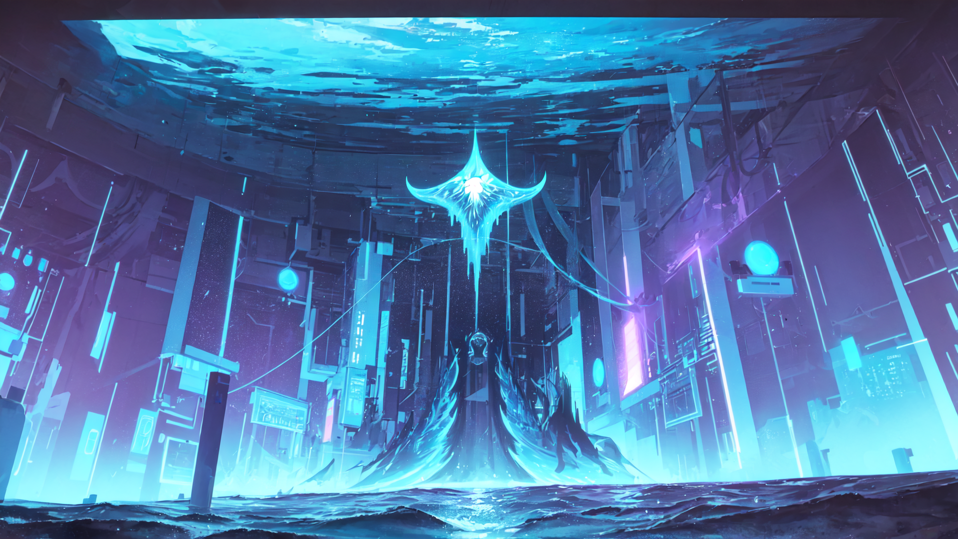 AI generated wallpaper featuring neon, city, water, structure, light, cyberpunk, glowing, building, waves, dripping