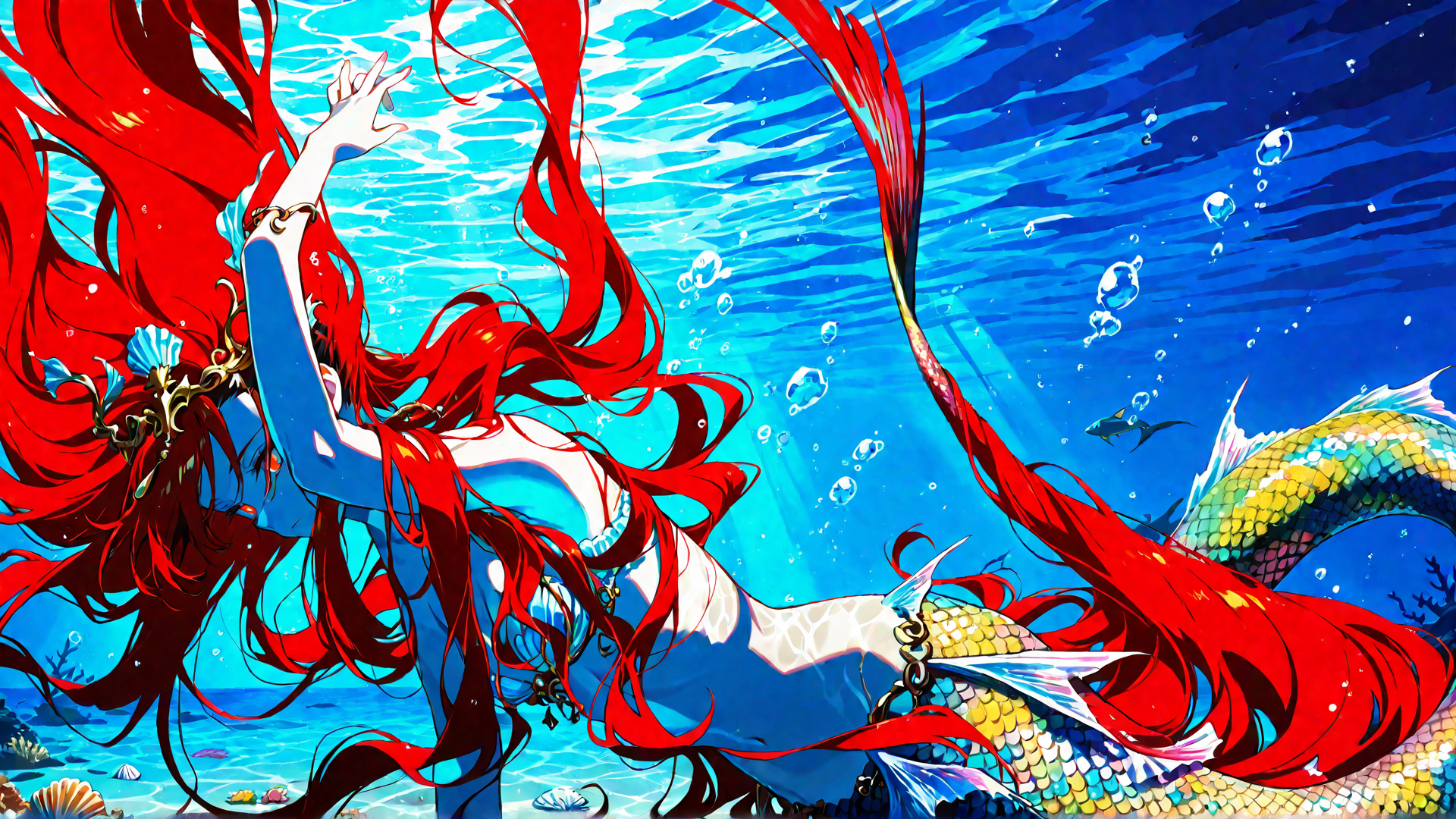 AI generated wallpaper featuring mermaid, red hair, fish, seaweed, bubble, coral, scales, seashell, chain, water