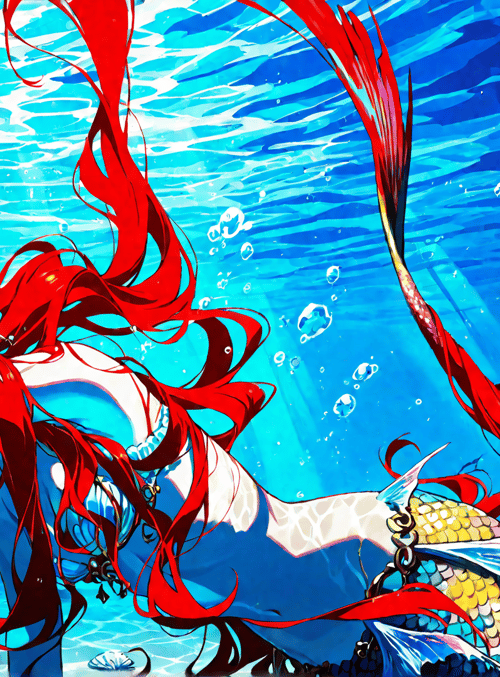 mermaid, red hair, fish, seaweed, bubble, coral, scales, seashell, chain, water