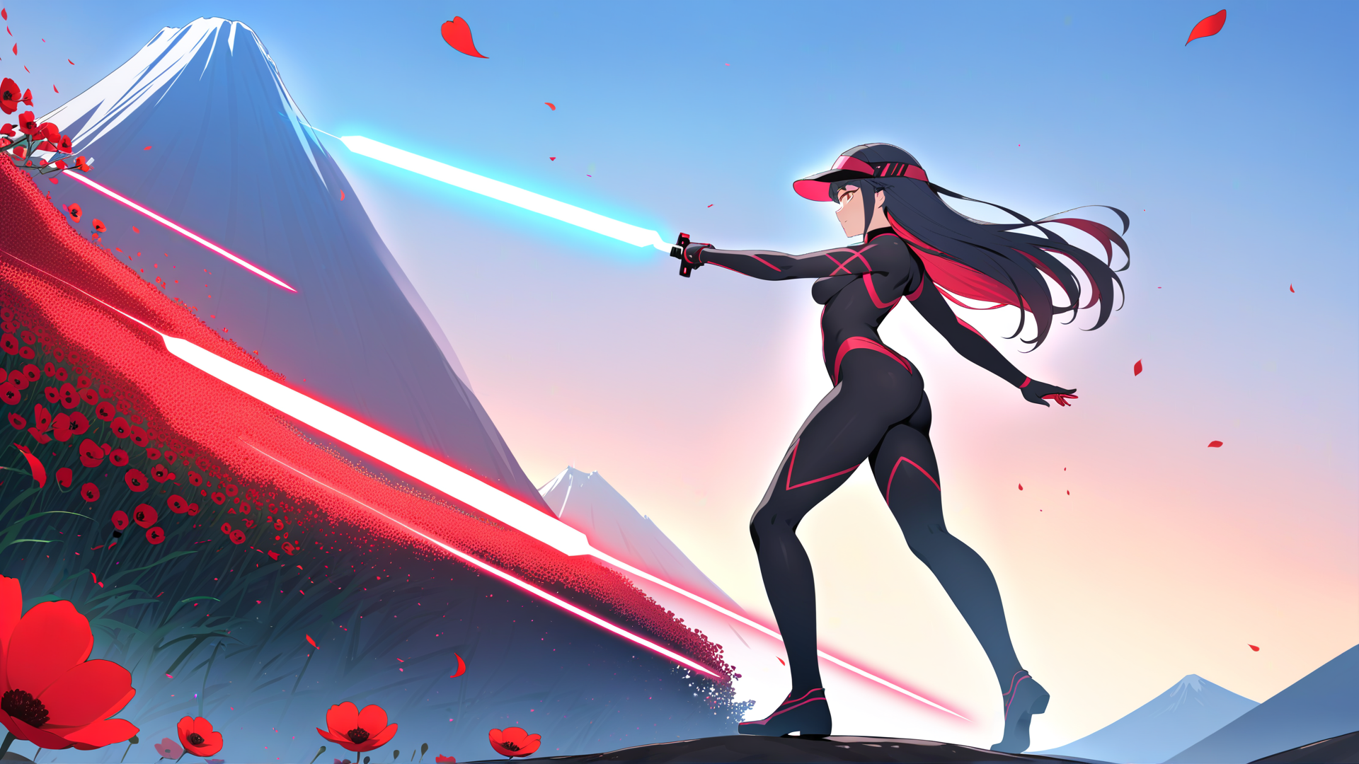 AI generated wallpaper featuring anime character, sword, mountain