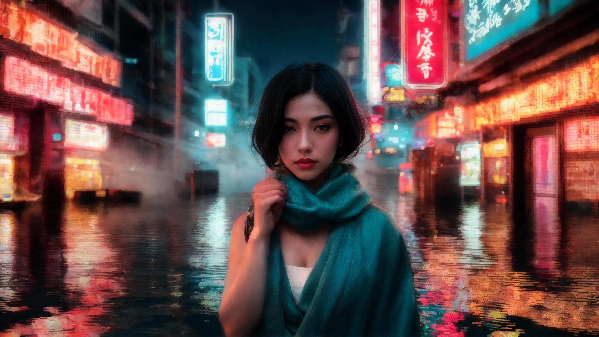 AI generated wallpaper featuring woman, city, neon