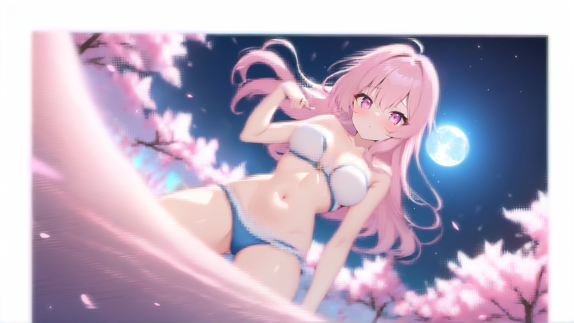 AI generated wallpaper featuring anime girl, cherry blossoms, moon