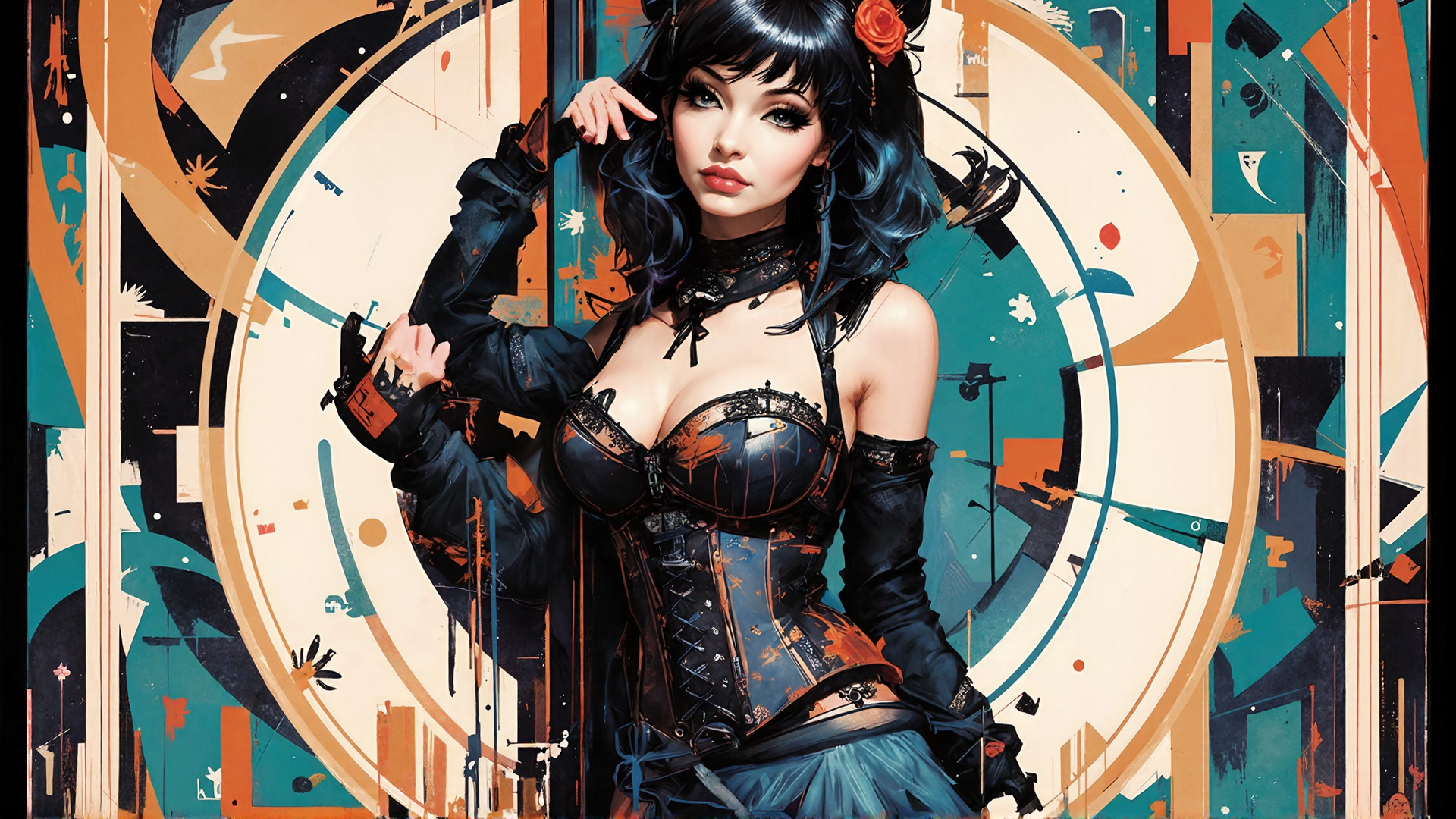AI generated wallpaper featuring woman, corset, gloves, hair, rose