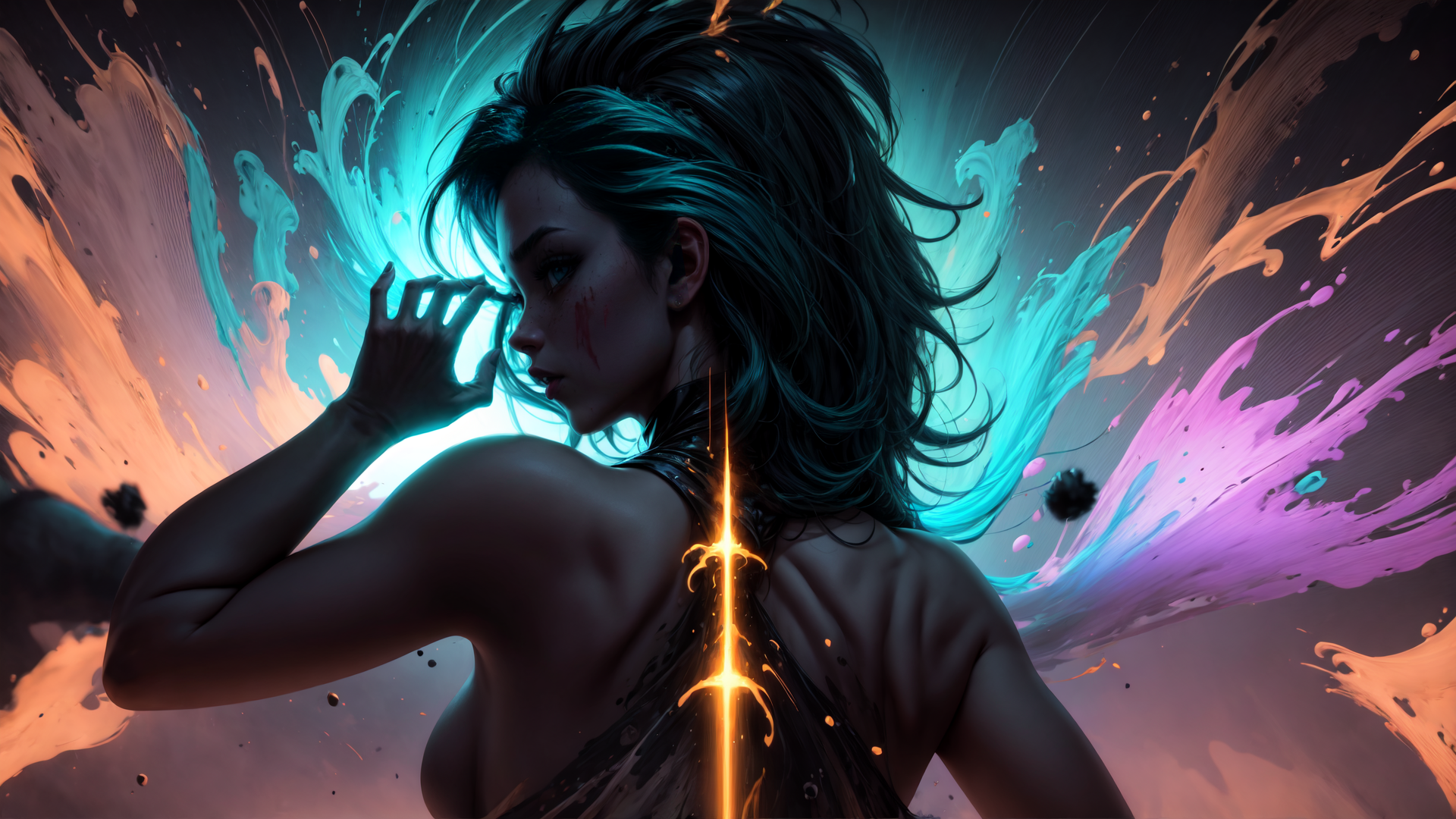 AI generated wallpaper featuring woman, paint, light