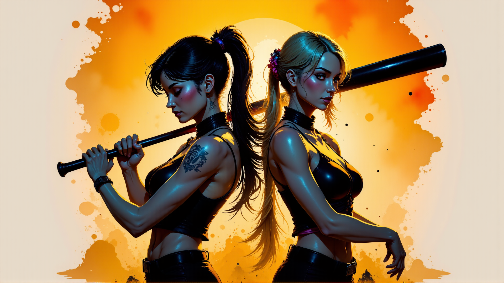 AI generated wallpaper featuring women, bats, pigtails, tattoo, choker