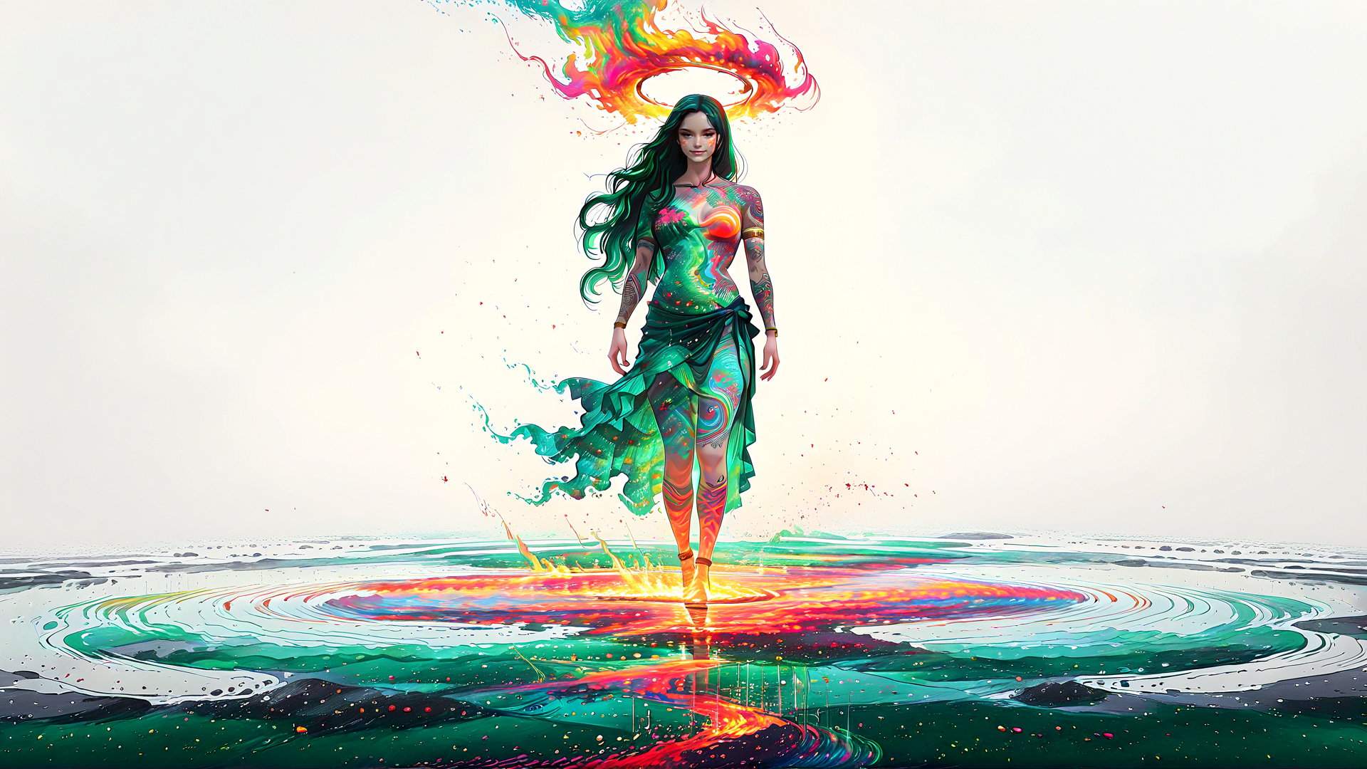 AI generated wallpaper featuring woman, mermaid, surreal, figure, painting