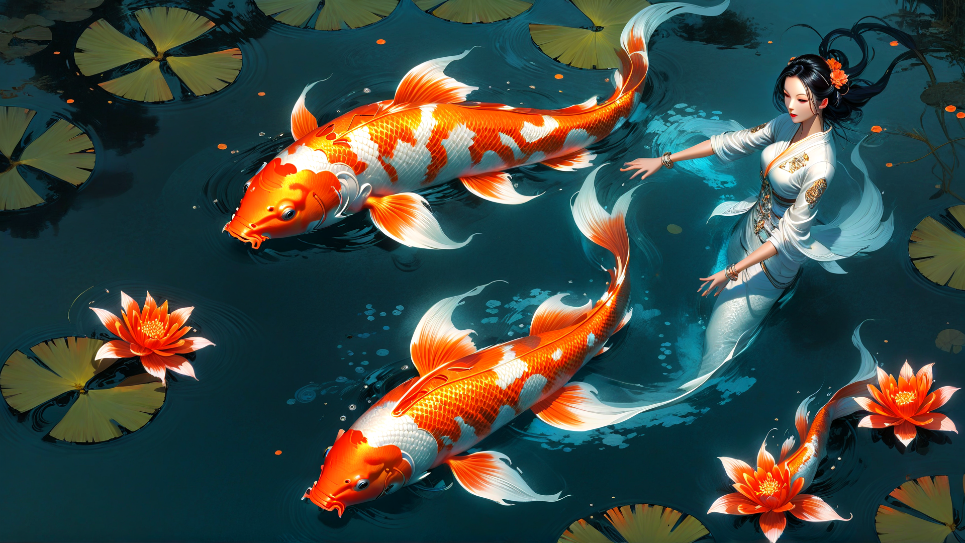 AI generated wallpaper featuring fish, woman, lotus, koi, water, lotus leaf, flower