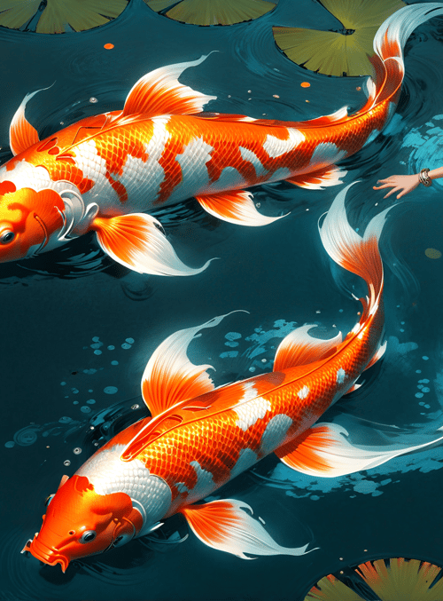 fish, woman, lotus, koi, water, lotus leaf, flower