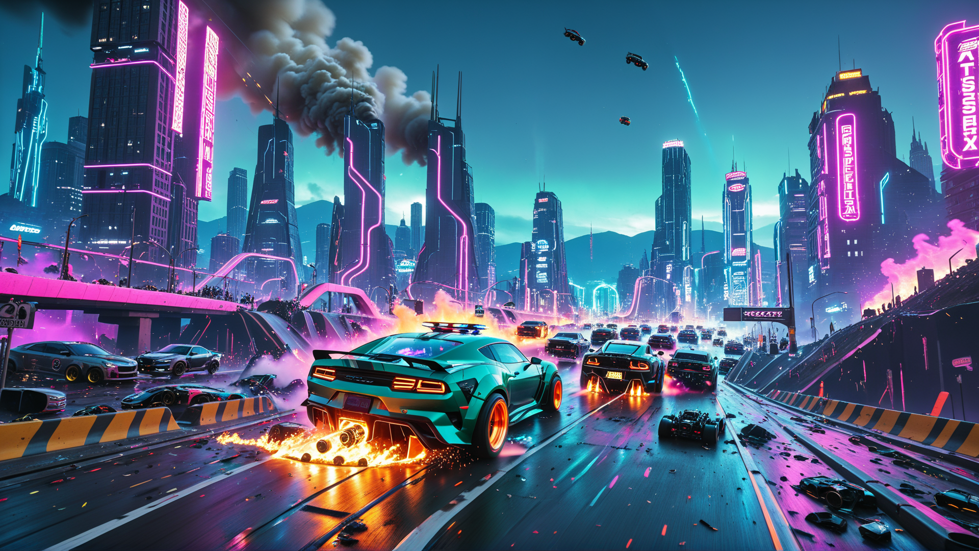 AI generated wallpaper featuring cars, city, futuristic