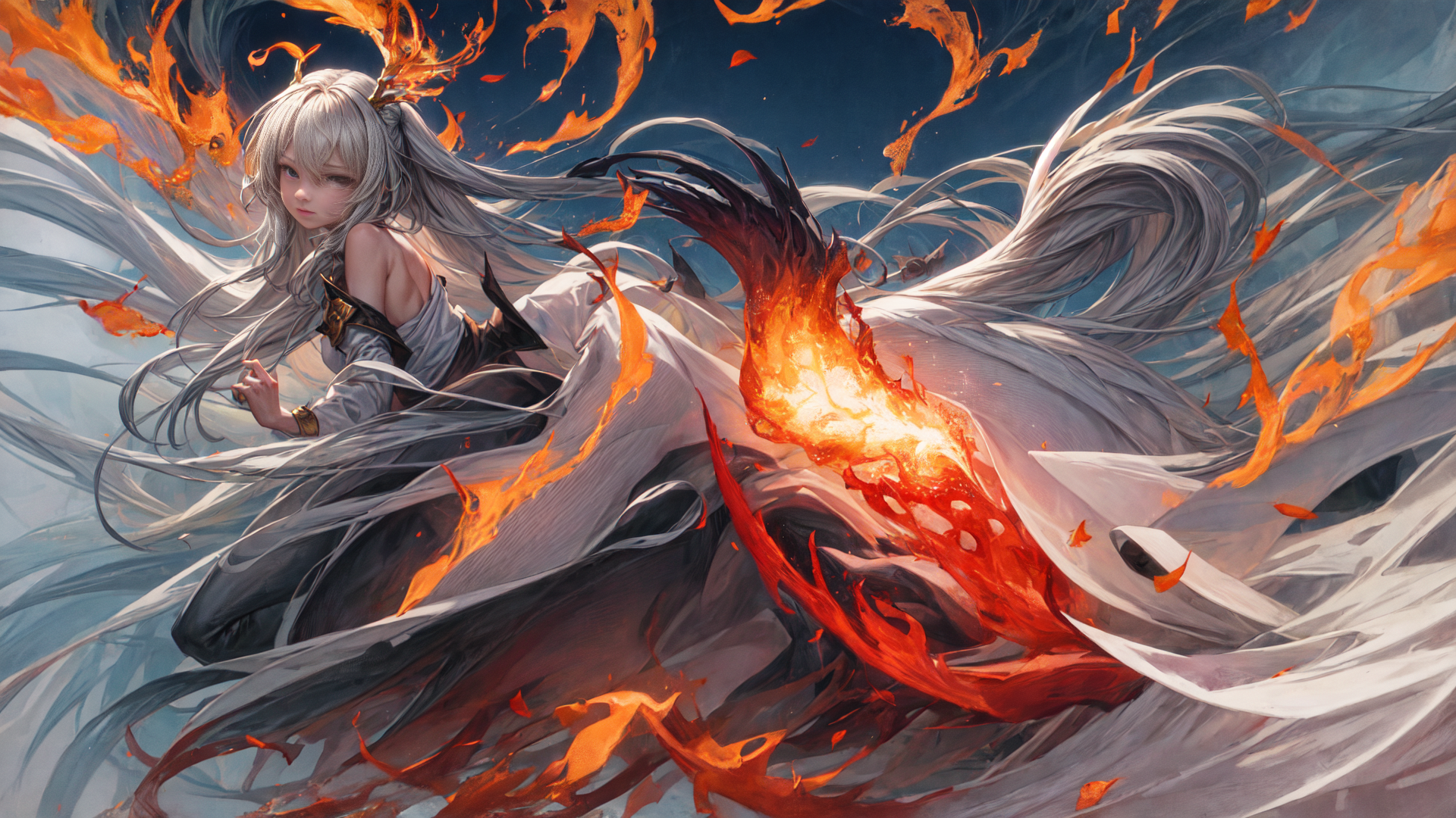 AI generated wallpaper featuring goddess, fire, dragon
