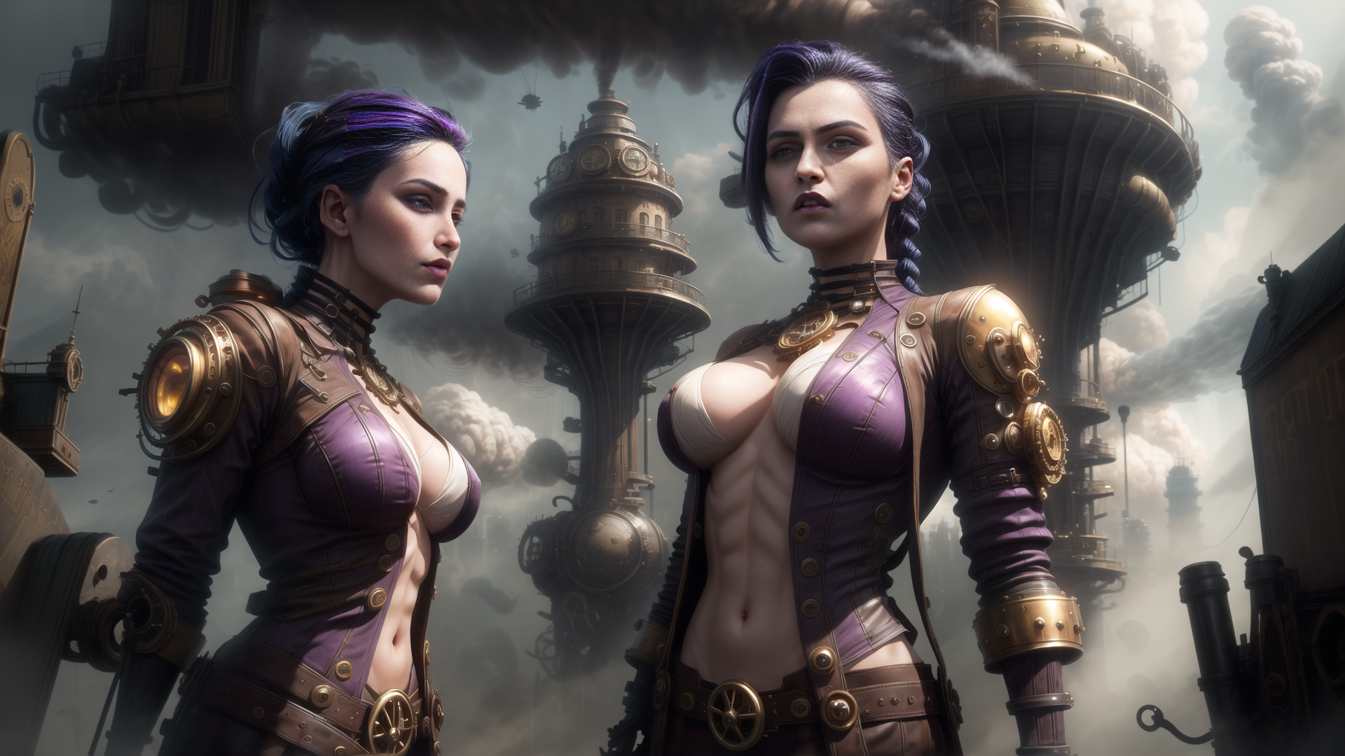 AI generated wallpaper featuring women, steampunk, city