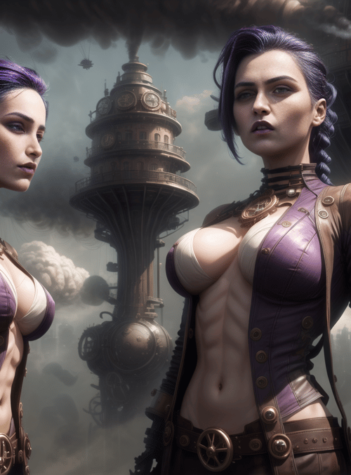 women, steampunk, city