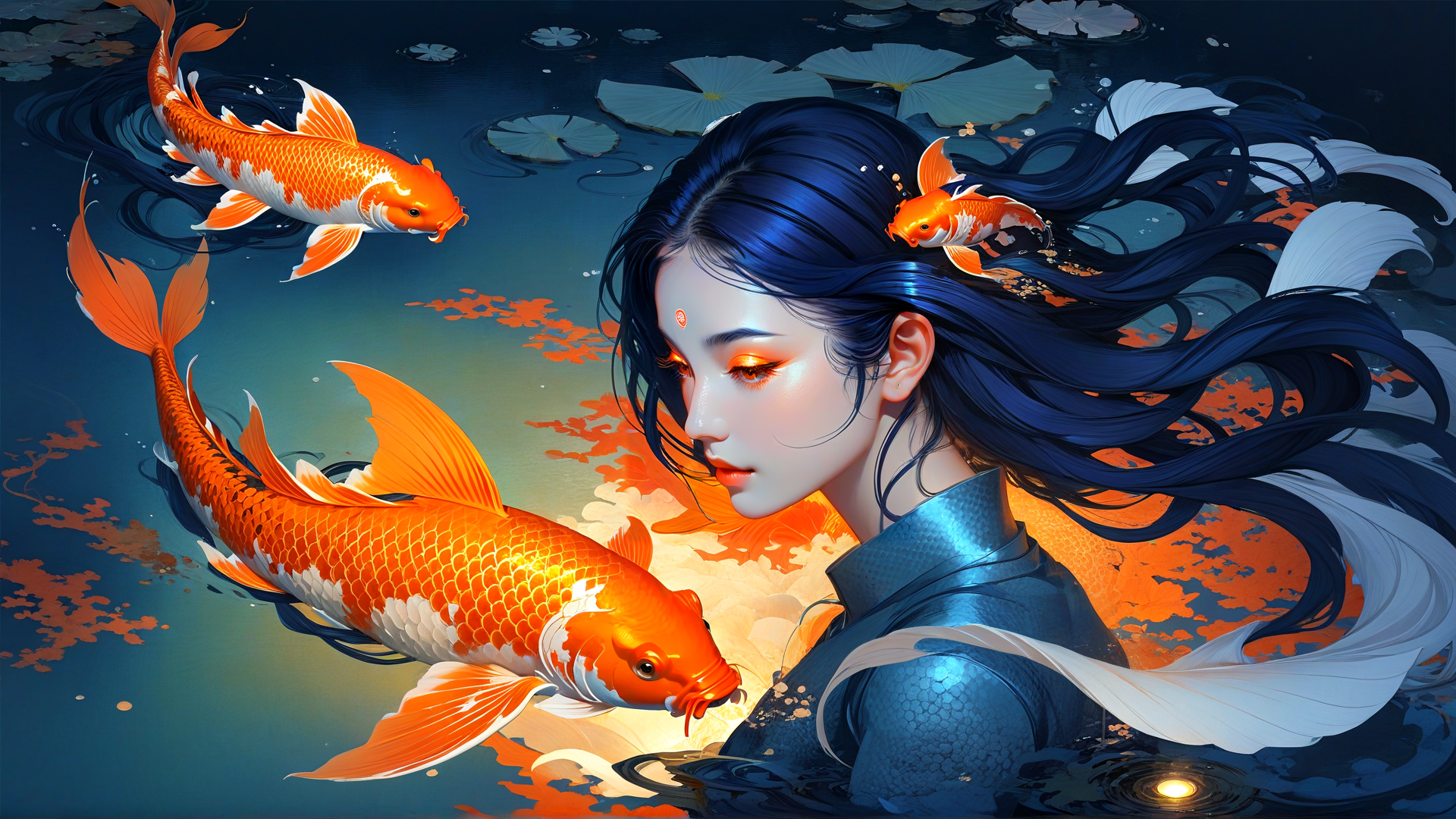 AI generated wallpaper featuring woman, koi fish, lotus, water, hair