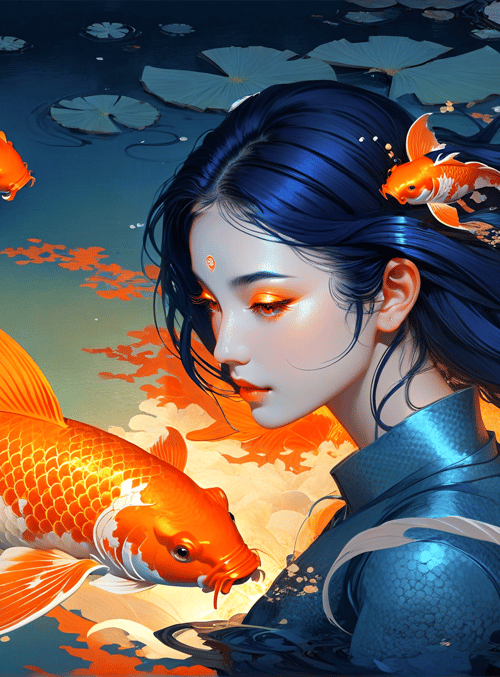 woman, koi fish, lotus, water, hair