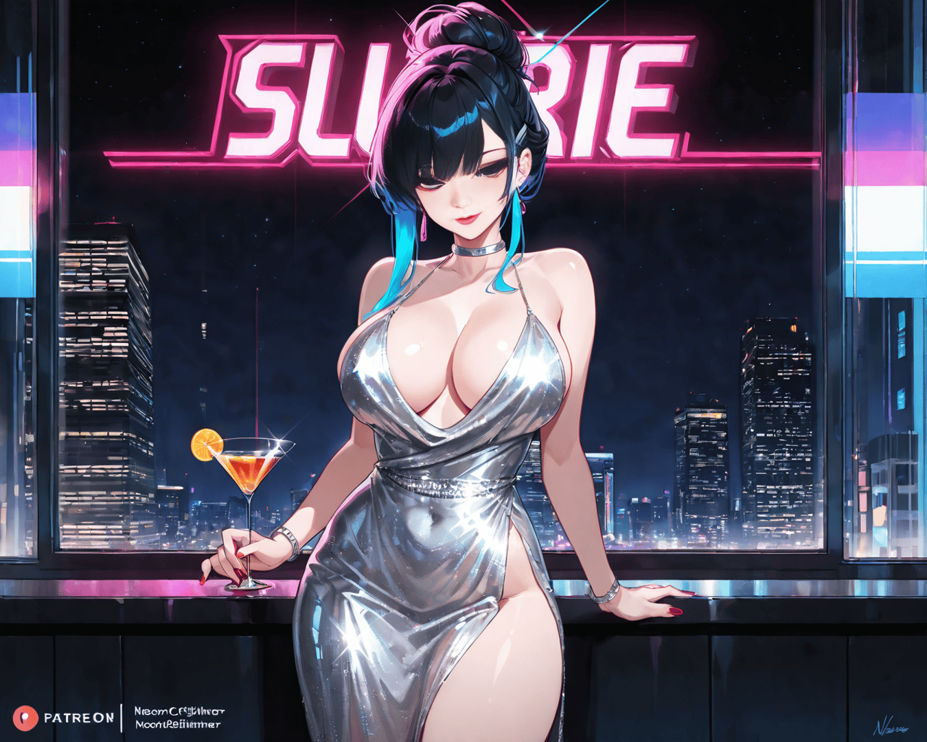 AI generated wallpaper featuring woman, bar, city