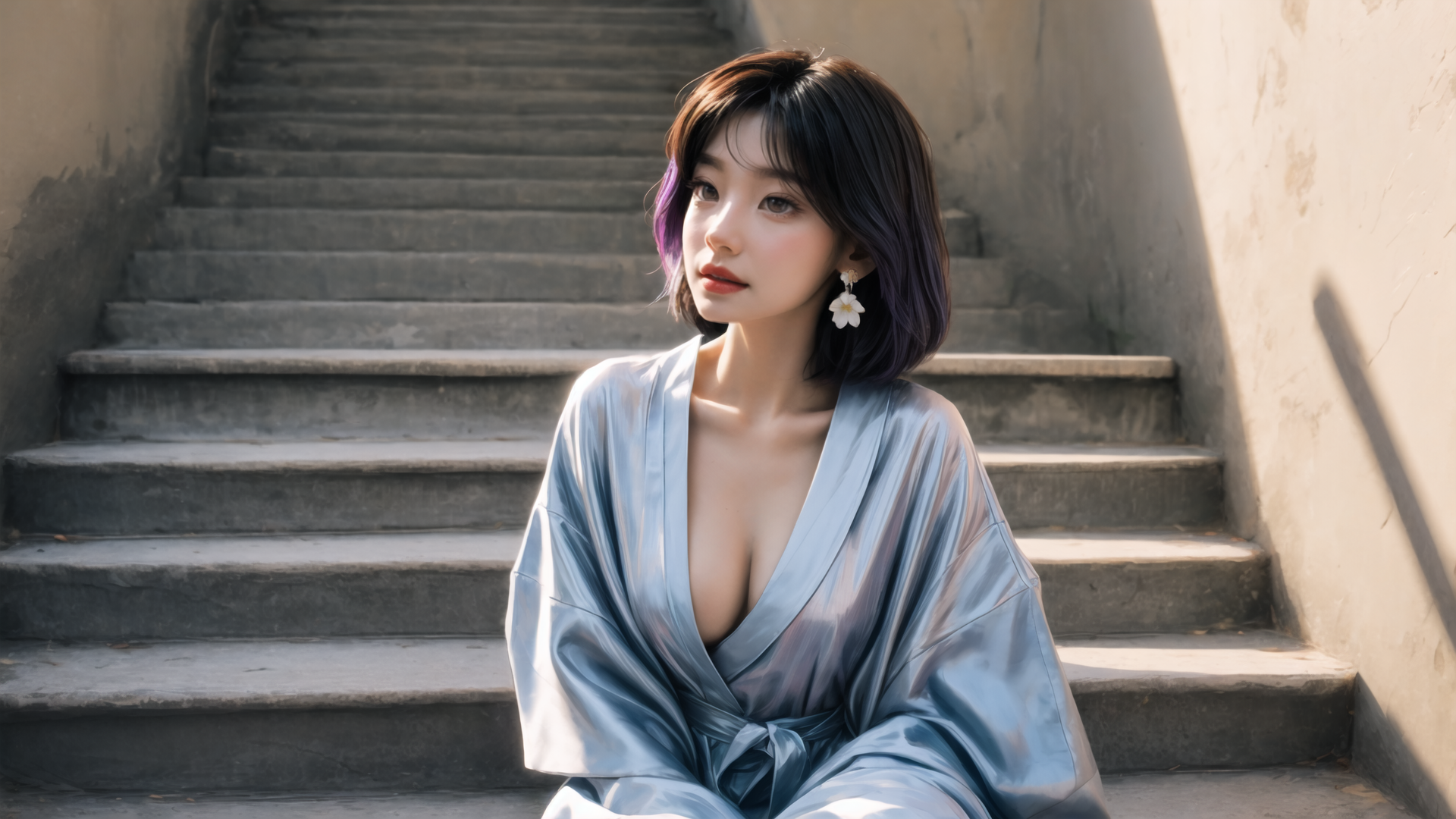 AI generated wallpaper featuring woman, stairs, bathrobe, hair