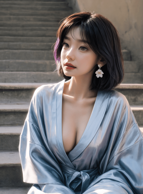 woman, stairs, bathrobe, hair