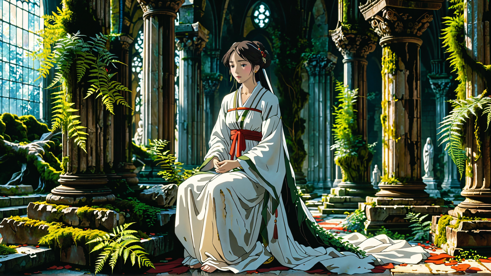 AI generated wallpaper featuring woman, ancient temple, column, fern, statue, moss, dress, flower, window, sacred